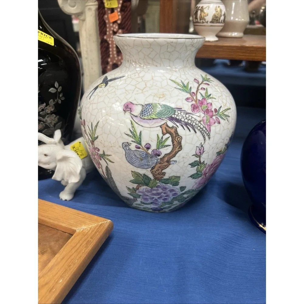 Ginger Jar Vase Floral Pheasant Design Crackled Glaze Porcelain 8.5